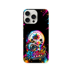 Colorful phone case featuring a turbocharger and palm trees against a sun with vibrant paint splatters.