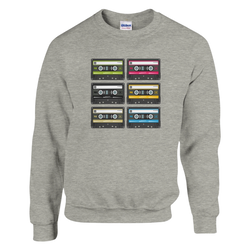 Greycrewneck sweatshirt featuring a vintage 90s colorful cassette tape graphic array for retro streetwear.