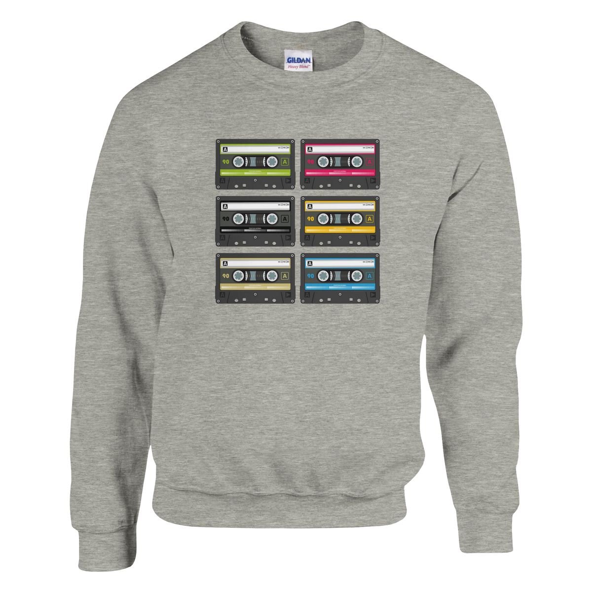 Greycrewneck sweatshirt featuring a vintage 90s colorful cassette tape graphic array for retro streetwear.