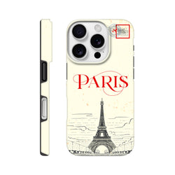 Retro Paris phone case featuring an Eiffel Tower sketch, red typography, and a travel stamp design for drop protection.