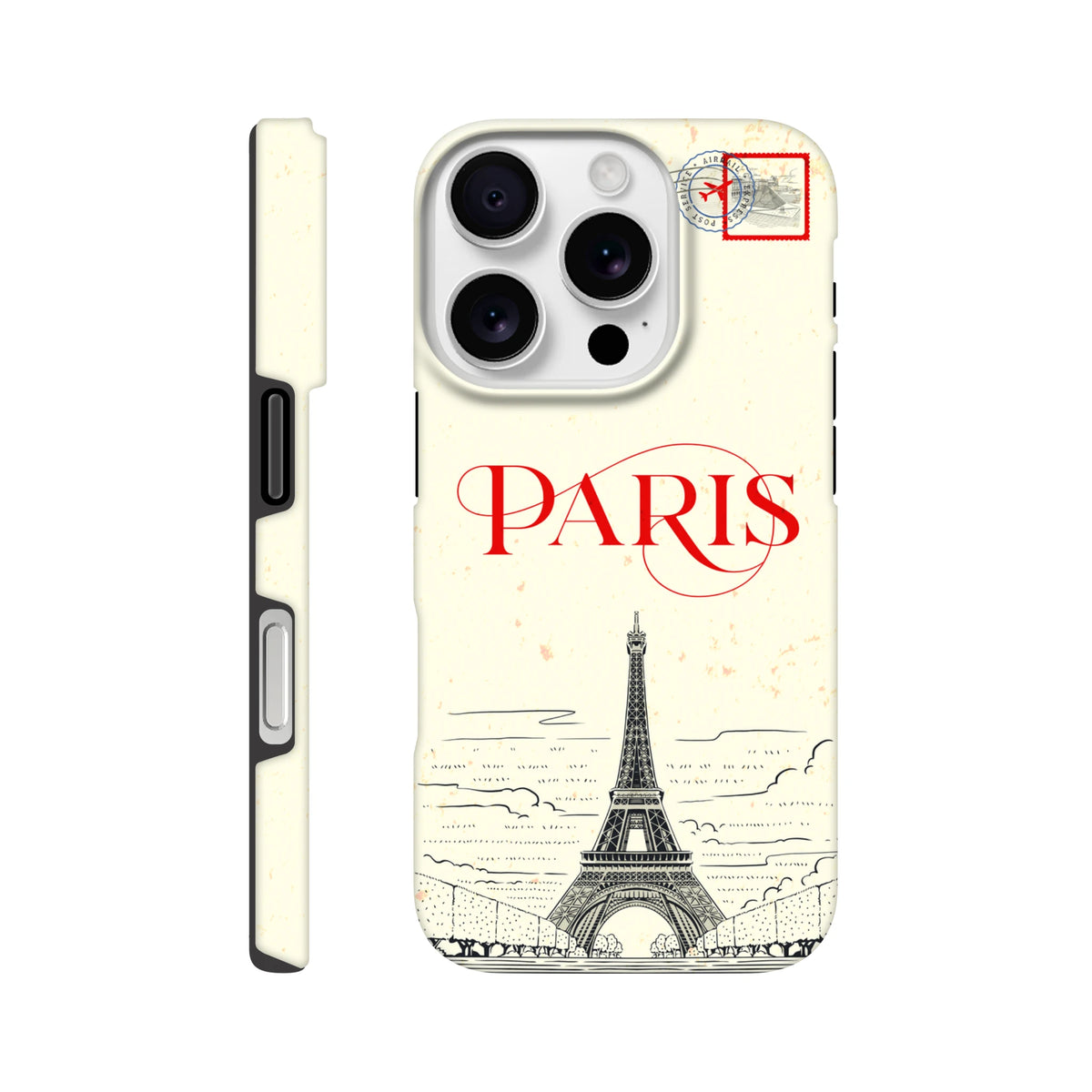 Retro Paris phone case featuring an Eiffel Tower sketch, red typography, and a travel stamp design for drop protection.