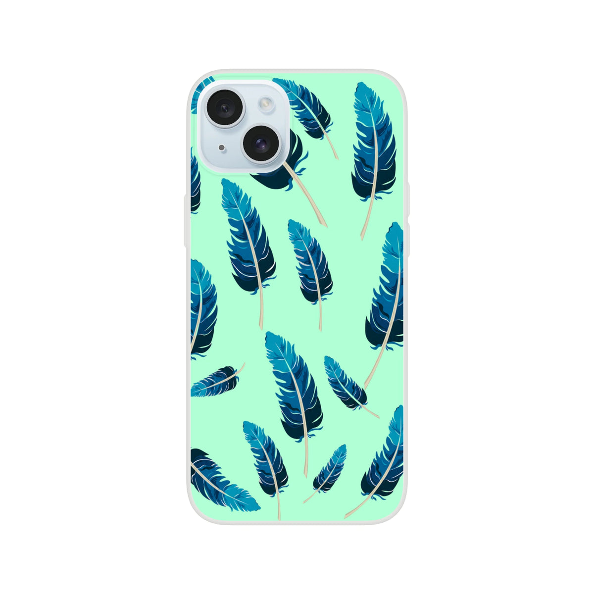 Mint-green aesthetic iPhone case with blue feather motif, matte finish, lightweight slim shell for iPhone 13–16.
