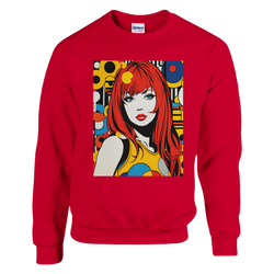 Red sweatshirt featuring retro pop art graphic of a redhead woman with colorful geometric background.
