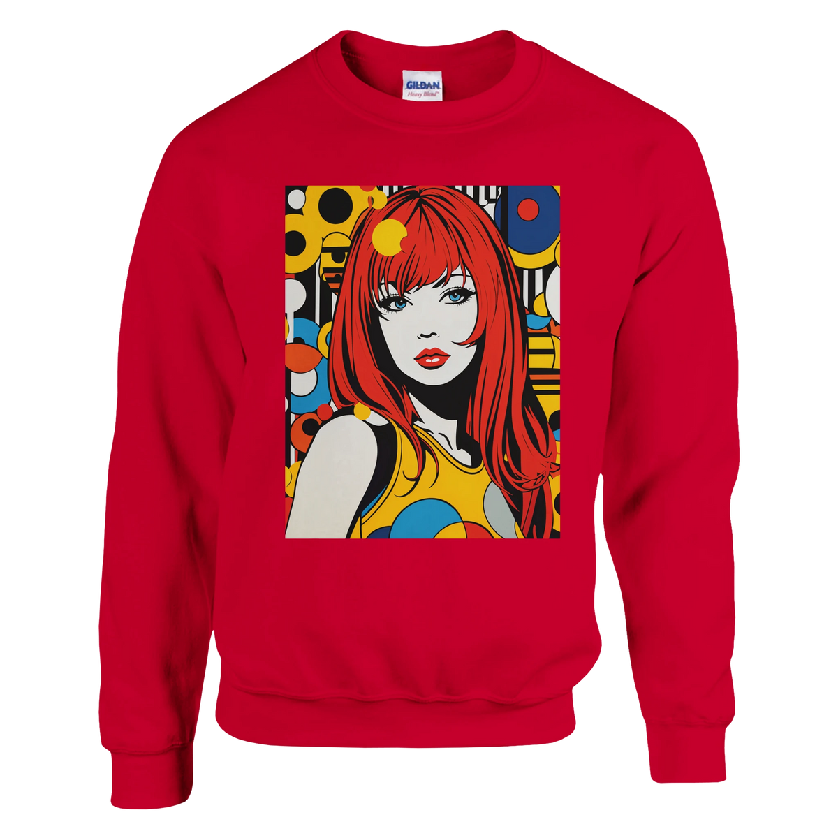 Red sweatshirt featuring retro pop art graphic of a redhead woman with colorful geometric background.