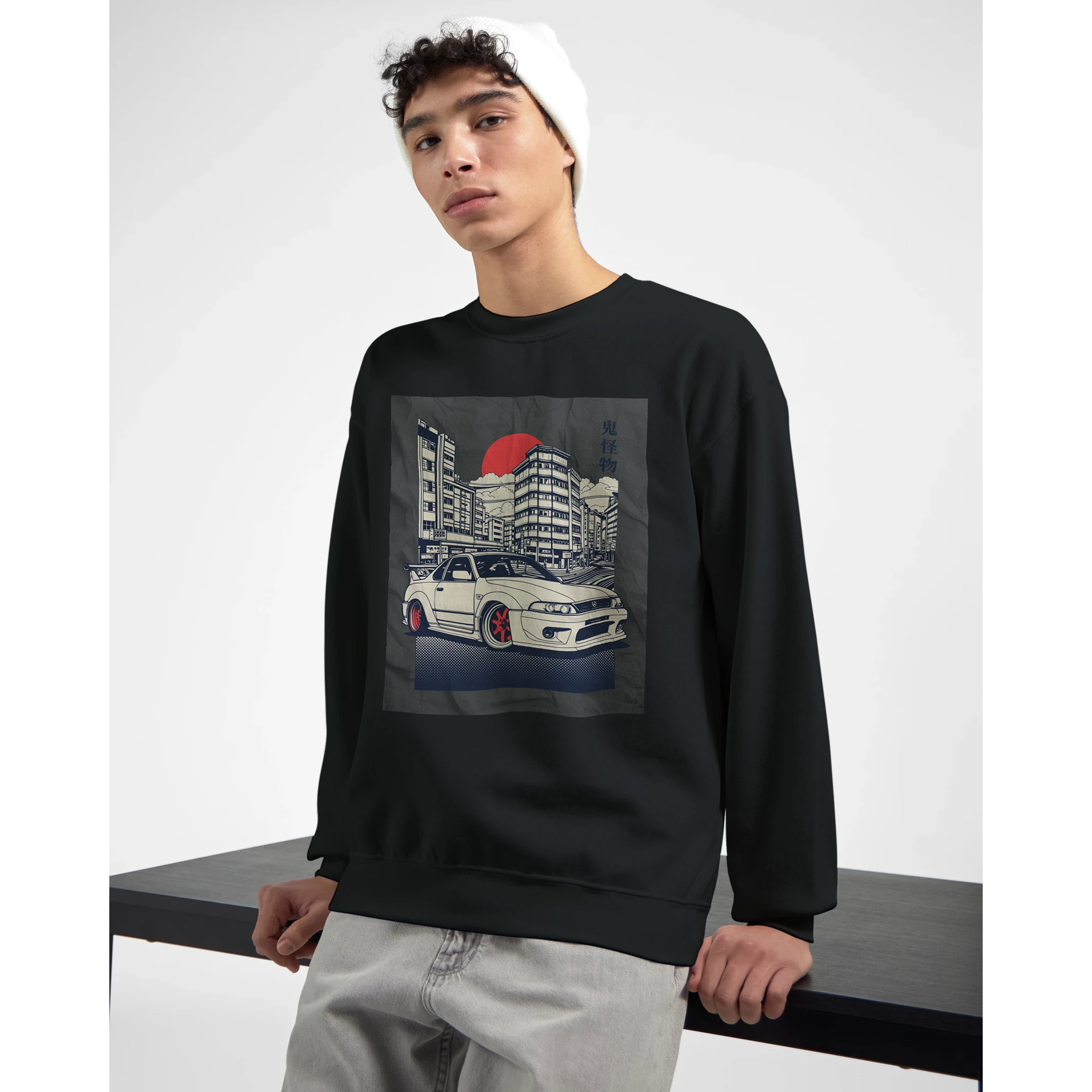 Model wearing black Car Jumper JDM Sweatshirt with cityscape and white car graphic; soft cotton-poly blend.