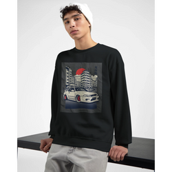 Model wearing black Car Jumper JDM Sweatshirt with cityscape and white car graphic; soft cotton-poly blend.