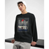 Model wearing black Car Jumper JDM Sweatshirt with cityscape and white car graphic; soft cotton-poly blend.