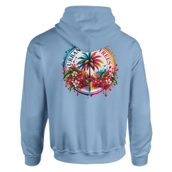 Light blue hoodie featuring a retro tropical back print with a palm tree, cherries, and flowers in a colorful circular design.