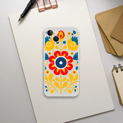 Floral phone case with bright red, yellow, and blue blooms on a transparent, slim protective shell for iPhone 13-16.