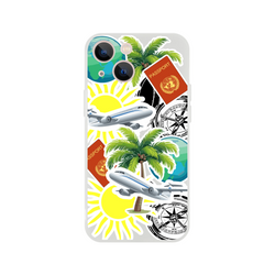 Transparent iPhone case featuring travel sticker art with palm trees, passports, airplanes, globes, and compass designs.