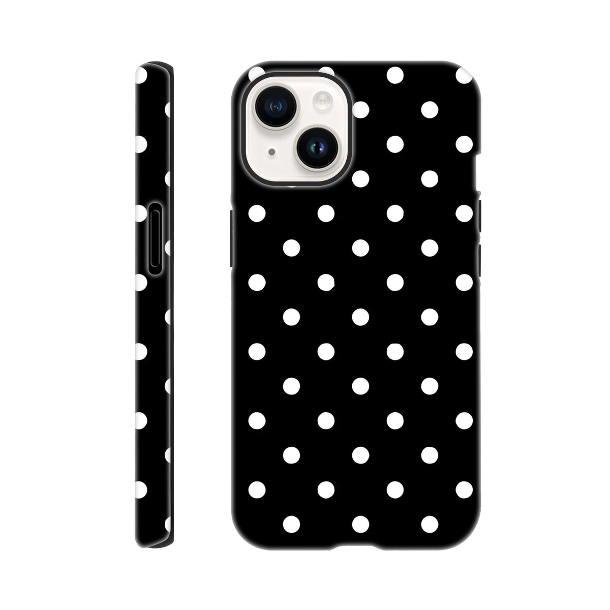 Black and white polka dot iPhone case featuring a tough shock-absorbing TPU core and glossy wraparound print for daily impact resistance.