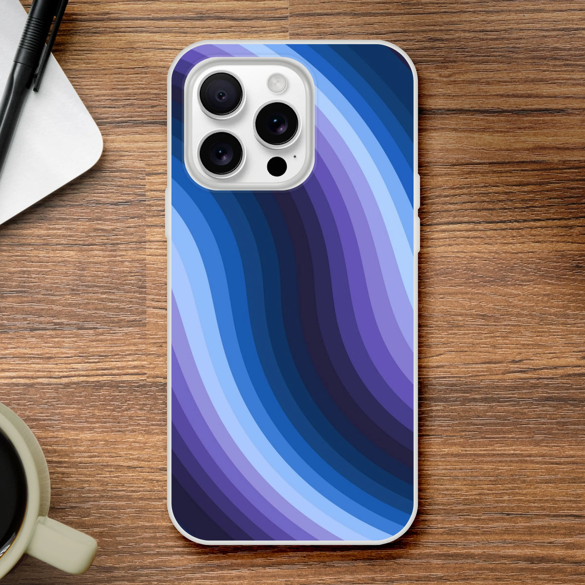 Blue Retro Wave iPhone Case (13-16) with abstract Y2K swirl and matte finish.