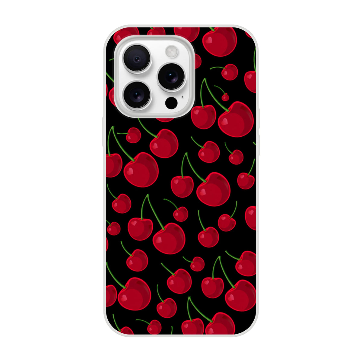 Red cherry iPhone case featuring a retro black fruit pattern with green stems, designed with a slim matte finish for shock absorption.