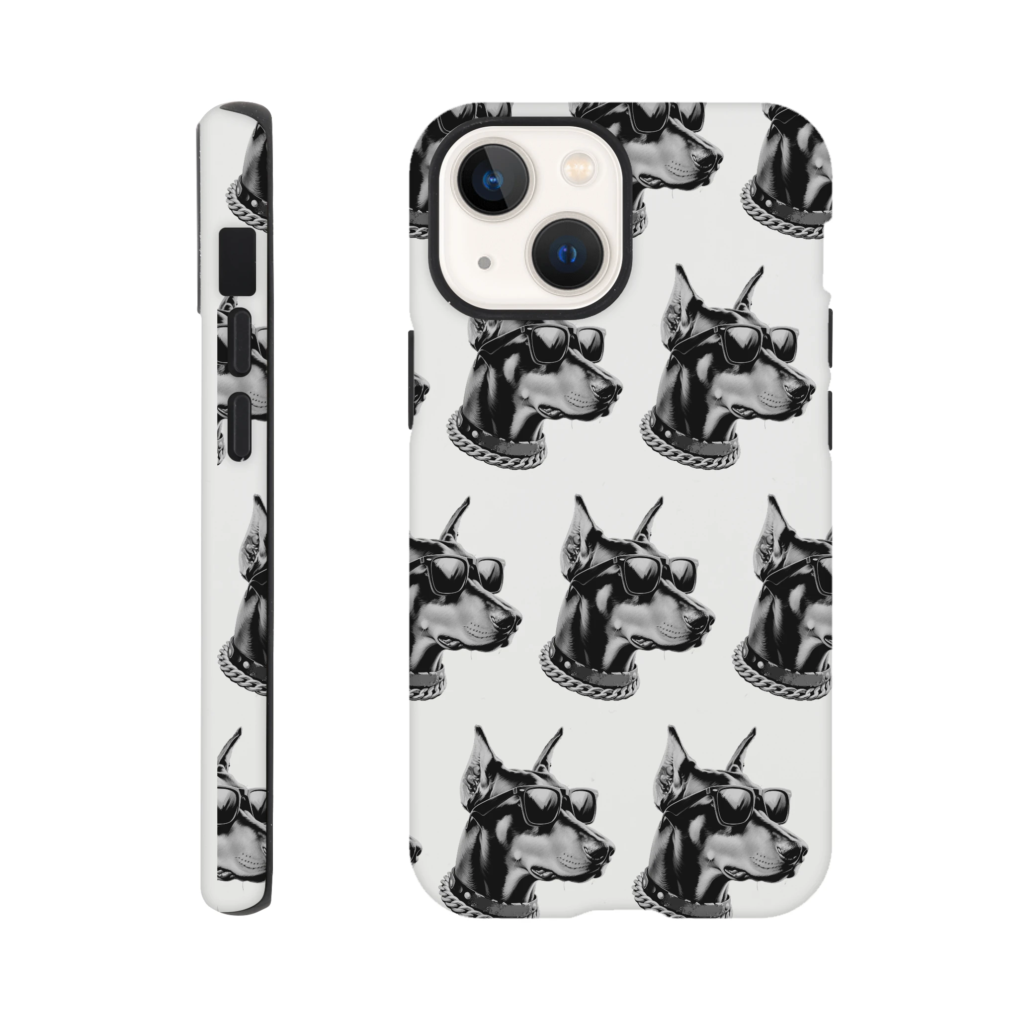 Gangster dog iPhone case for 16/15/14/13, dual-layer protective cover with wraparound print and glossy finish.