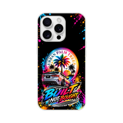Built Not Bought car culture iPhone case featuring colorful palm trees, sunset, and stylized tuned car with paint splatter background.