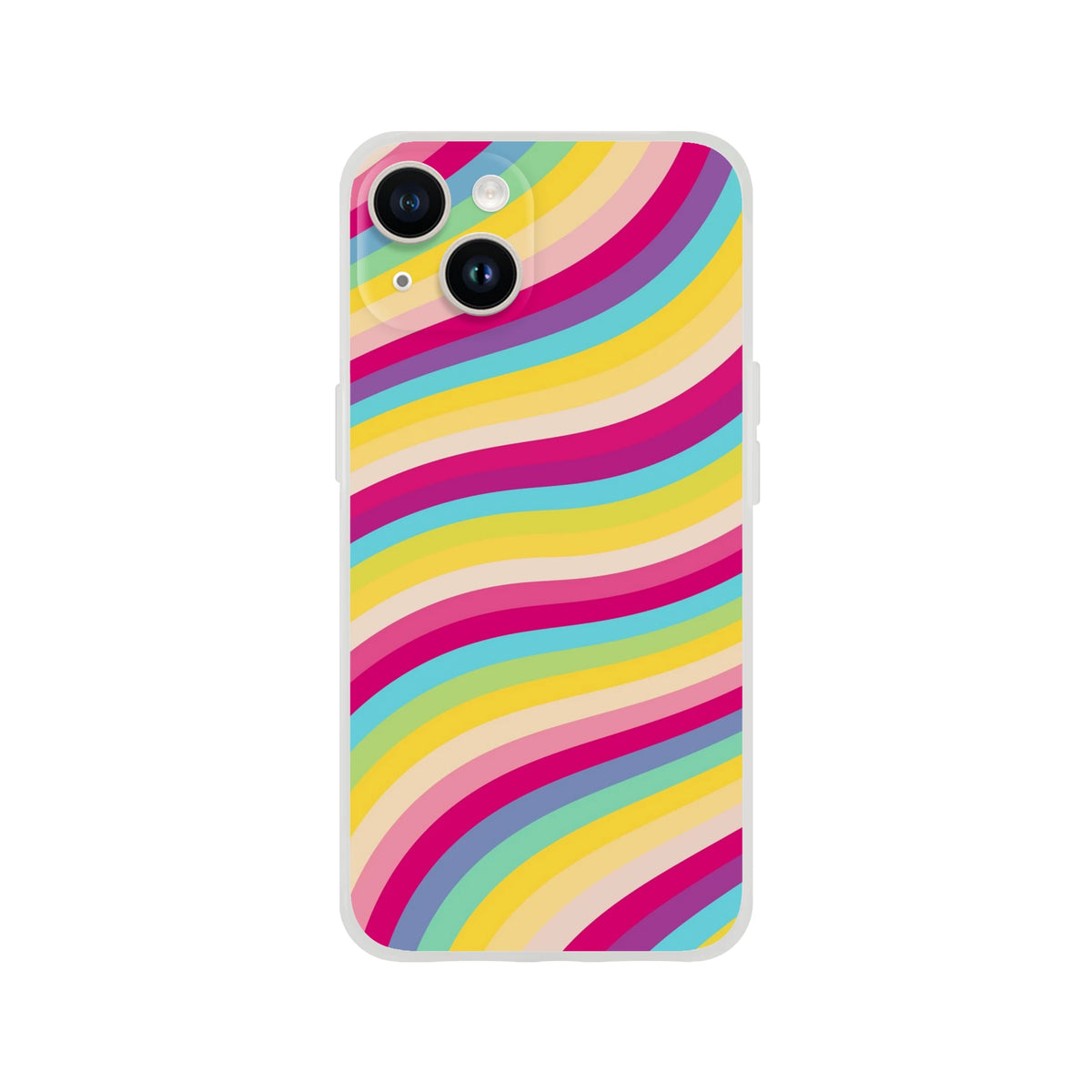 Groovy Rainbow Wave iPhone Case for iPhone 13–16 with retro Y2K curved rainbow stripes on a matte finish