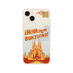 Vintage postcard-style iPhone case with Barcelona skyline and "Hola from Barcelona" travel design.