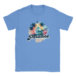 Blue women's Retro Paradise T-shirt with tropical house, palm trees, surfboard, and Paradise script.