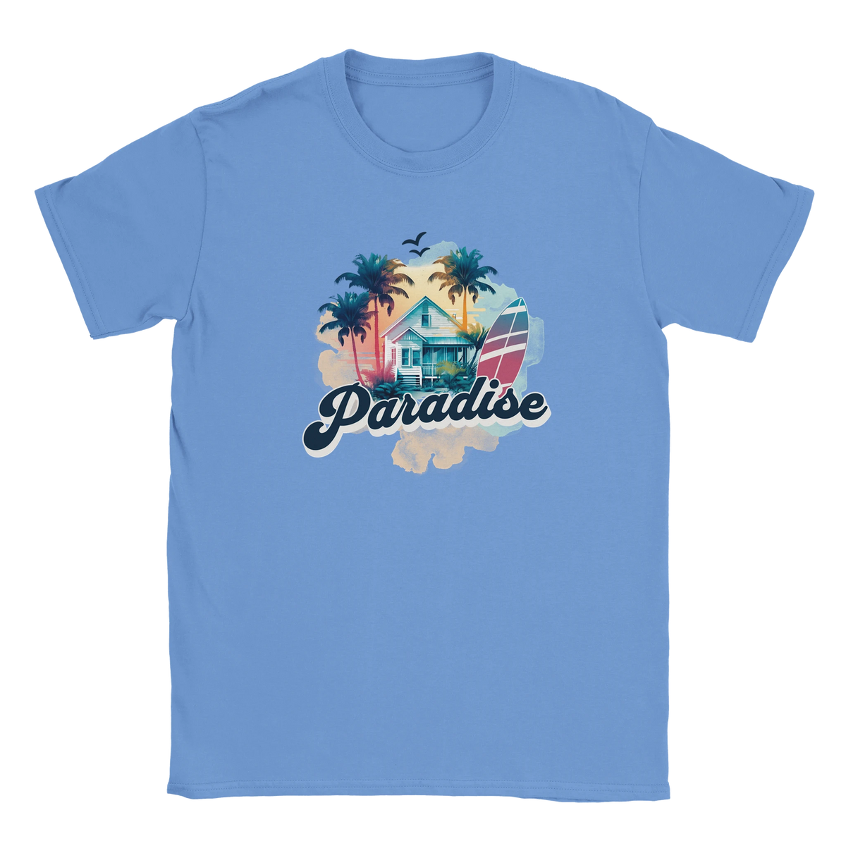 Blue women's Retro Paradise T-shirt with tropical house, palm trees, surfboard, and Paradise script.