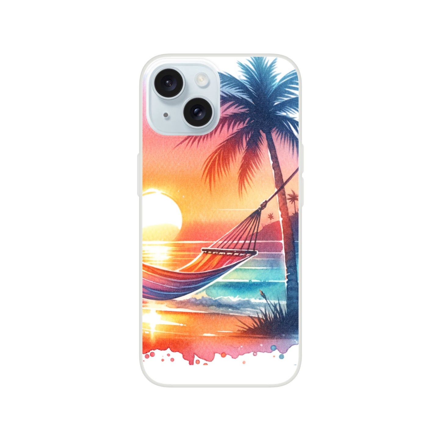 iPhone case with a tropical design featuring a hammock, palm tree, and sunset 12