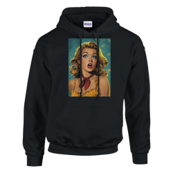 Black pullover hoodie featuring a retro pin-up pop art woman graphic with blonde hair and a red polka dot scarf for vintage streetwear style.