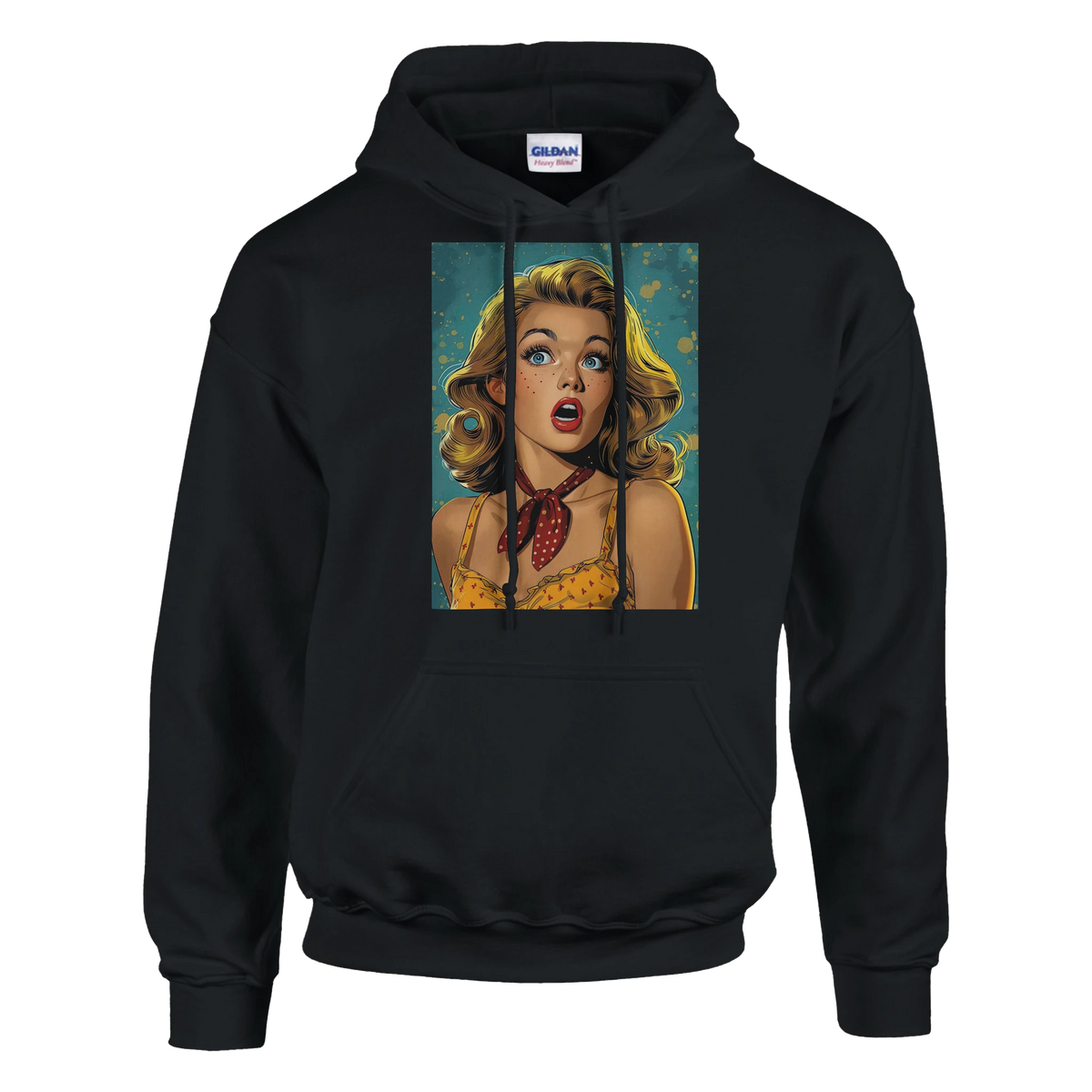 Black pullover hoodie featuring a retro pin-up pop art woman graphic with blonde hair and a red polka dot scarf for vintage streetwear style.