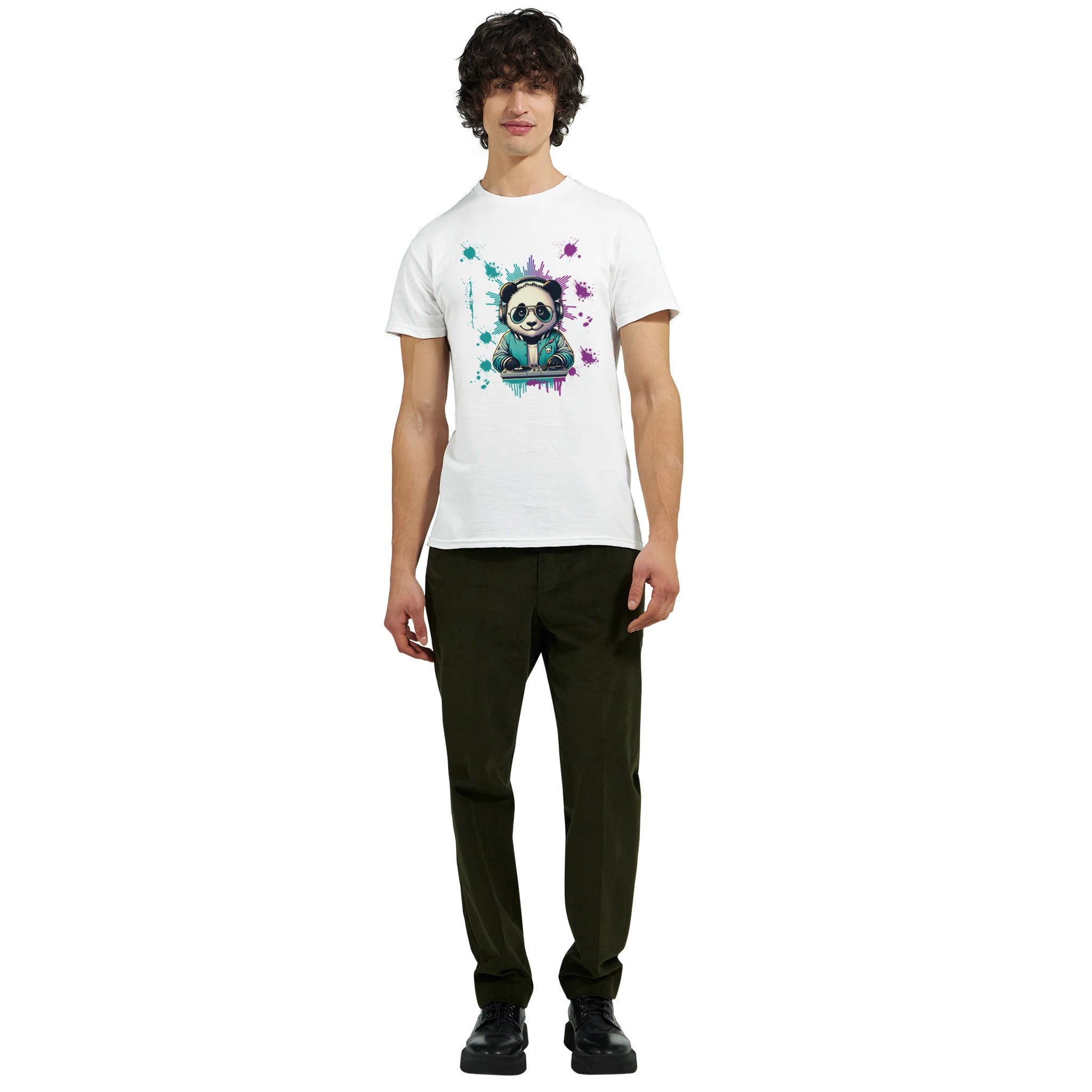 Man wearing a white Panda DJ graphic T-shirt with colorful splash art, crew-neck, short sleeves, soft cotton blend.