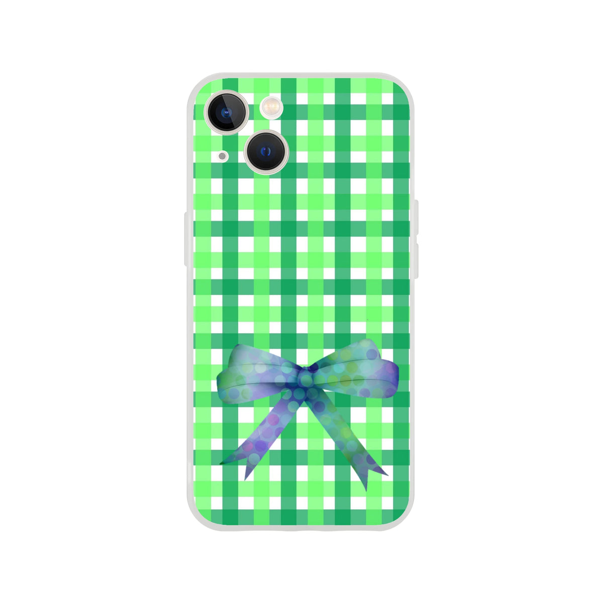 Green gingham bow iPhone case for iPhone 13-16 with frosty transparent TPU and printed bow accent, cute coquette style