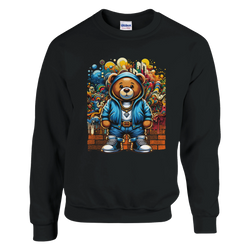 Urban Teddy Bear men's graphic sweatshirt featuring a bear in a blue hoodie against colorful urban graffiti.