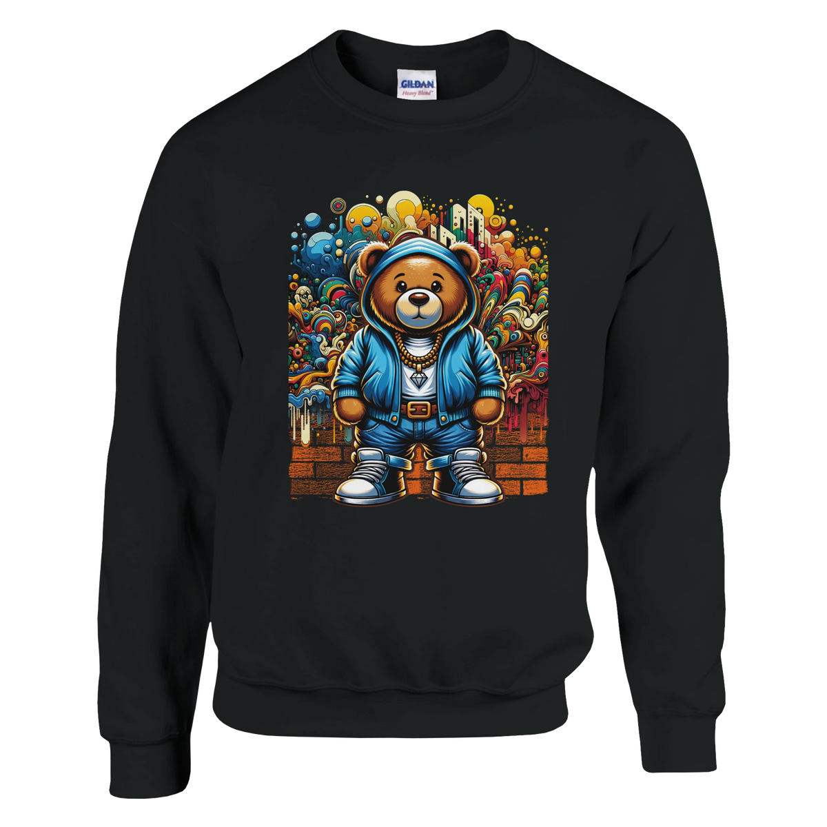 Urban Teddy Bear men's graphic sweatshirt featuring a bear in a blue hoodie against colorful urban graffiti.