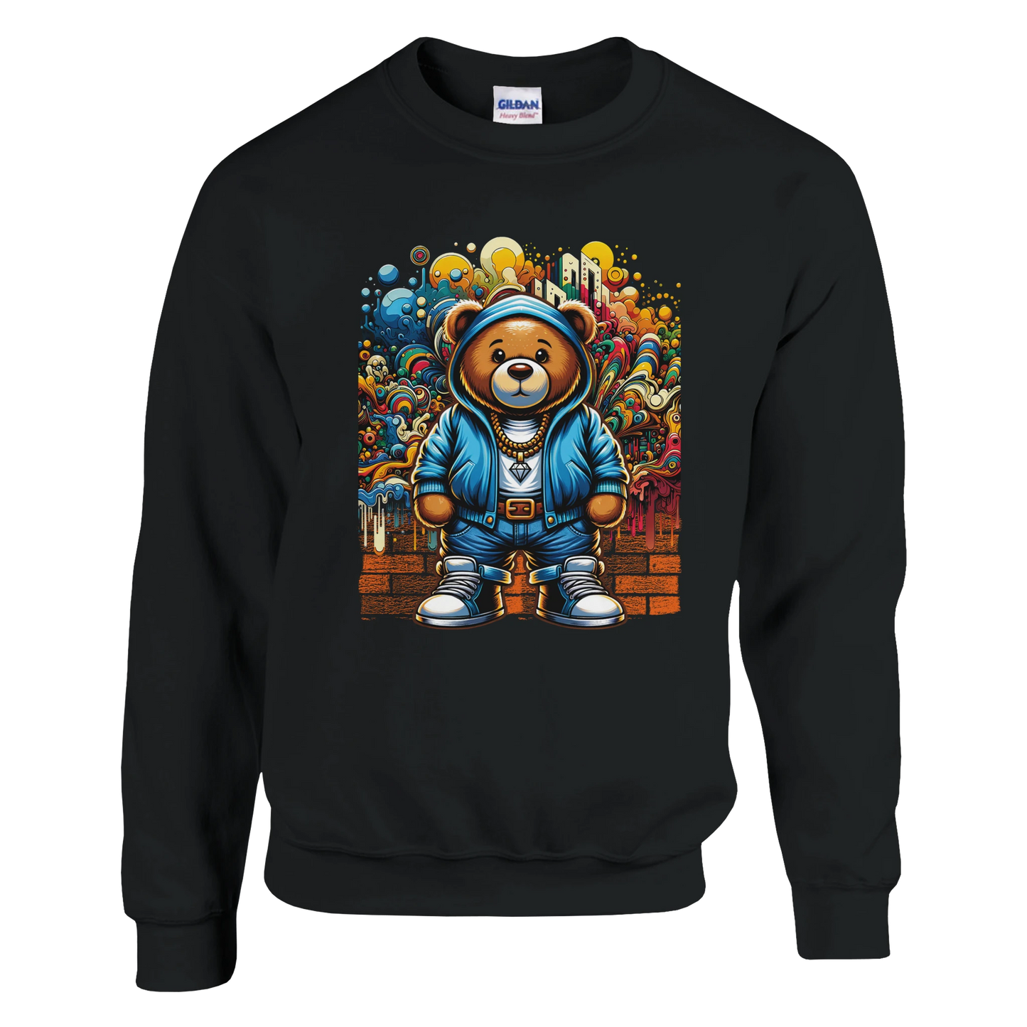 Black men's graphic sweatshirt with a colorful graphic of a bear wearing a blue hoodie on a white background