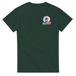 Dark green t-shirt featuring a colorful "Urban Palm Trees Full Send" graphic with a palm tree logo on the chest.