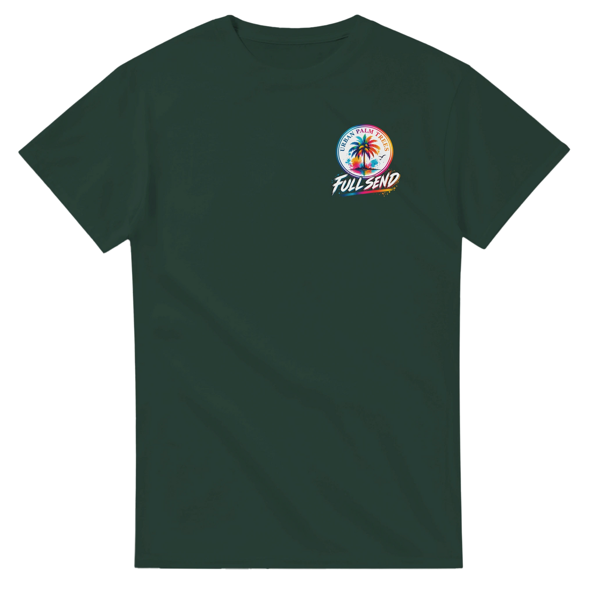Dark green t-shirt featuring a colorful "Urban Palm Trees Full Send" graphic with a palm tree logo on the chest.