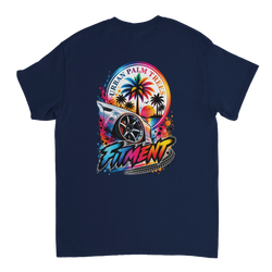 Navy blue men's graphic tee featuring a lowered car wheel, palm trees, sunset, and colorful "Fitment" text art.
