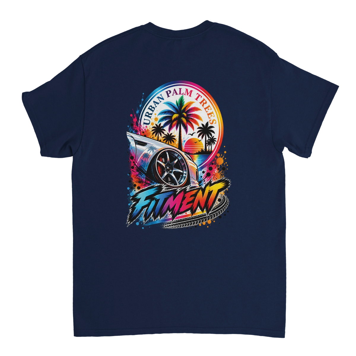 Navy blue men's graphic tee featuring a lowered car wheel, palm trees, sunset, and colorful "Fitment" text art.