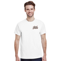 Man wearing white JDM streetwear t-shirt with small Urban Palm Trees chest graphic for men.