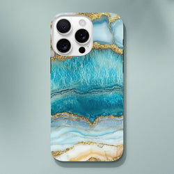 Blue Agate tough iPhone case featuring teal and gold marble layout. Durable cover optimized for iPhone 13-16 models with striking stone texture.