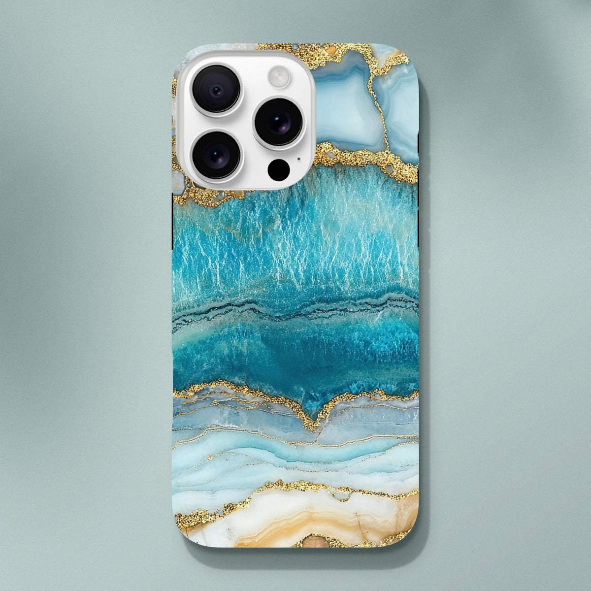 Blue Agate tough iPhone case featuring teal and gold marble layout. Durable cover optimized for iPhone 13-16 models with striking stone texture.