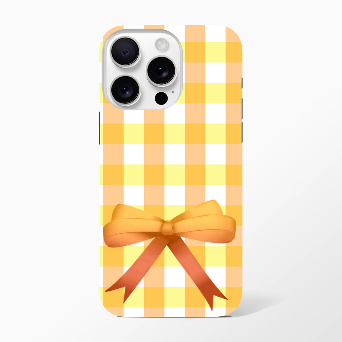 Yellow gingham iPhone case with a 3D orange ribbon bow, featuring a cute coquette checkered pattern for tough protection.