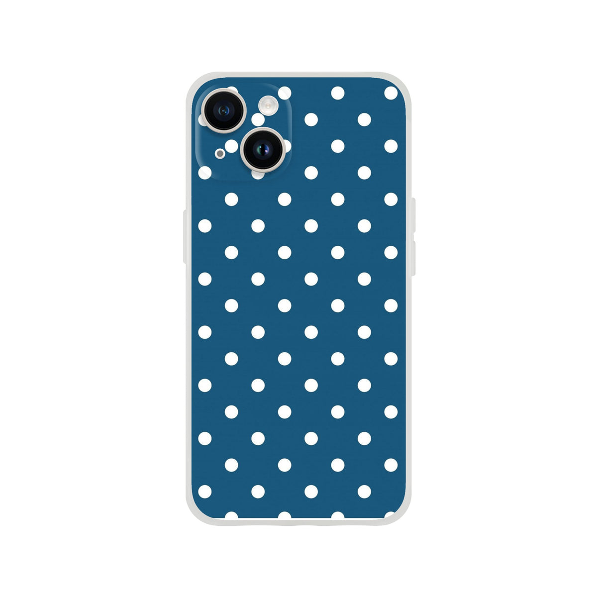 Retro navy blue iPhone case with white polka dots. Shock-absorbing TPU cover for models 13-16.