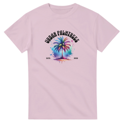 Urban Palm Trees men's tee with colorful palm tree graphic on pink shirt, retro streetwear style.