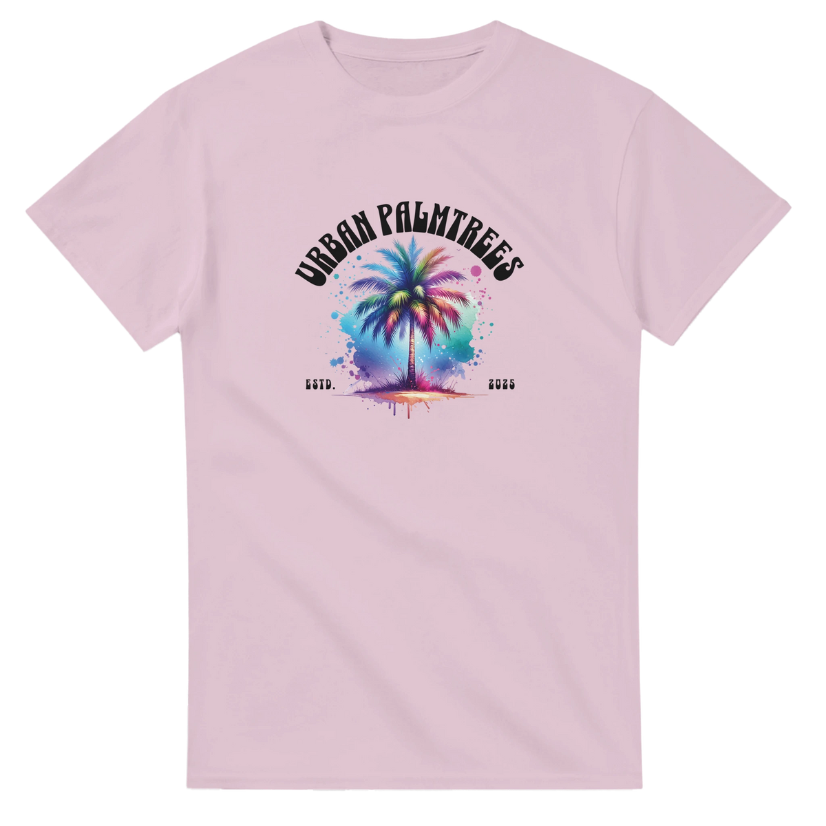 Urban Palm Trees men's tee with colorful palm tree graphic on pink shirt, retro streetwear style.