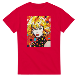 Red t-shirt featuring a retro 70s pop art girl graphic with blonde hair and colorful polka dots for psychedelic streetwear.