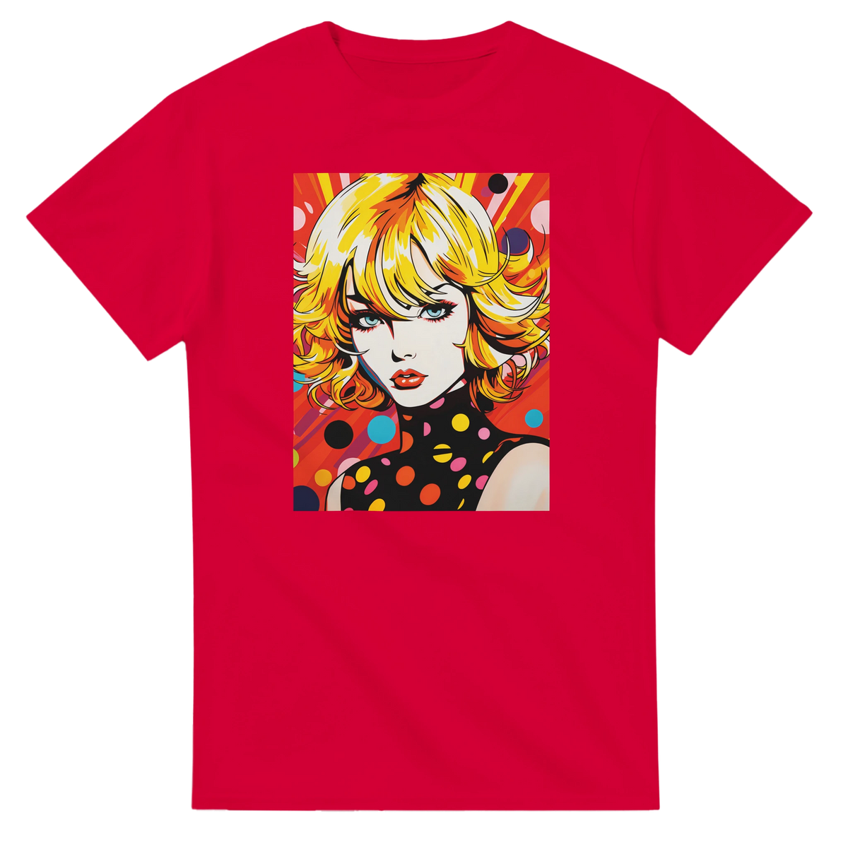 Red t-shirt featuring a retro 70s pop art girl graphic with blonde hair and colorful polka dots for psychedelic streetwear.