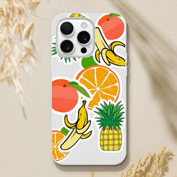 Transparent iPhone case featuring vibrant tropical fruit sticker art including orange, banana, pineapple, and peach graphics.