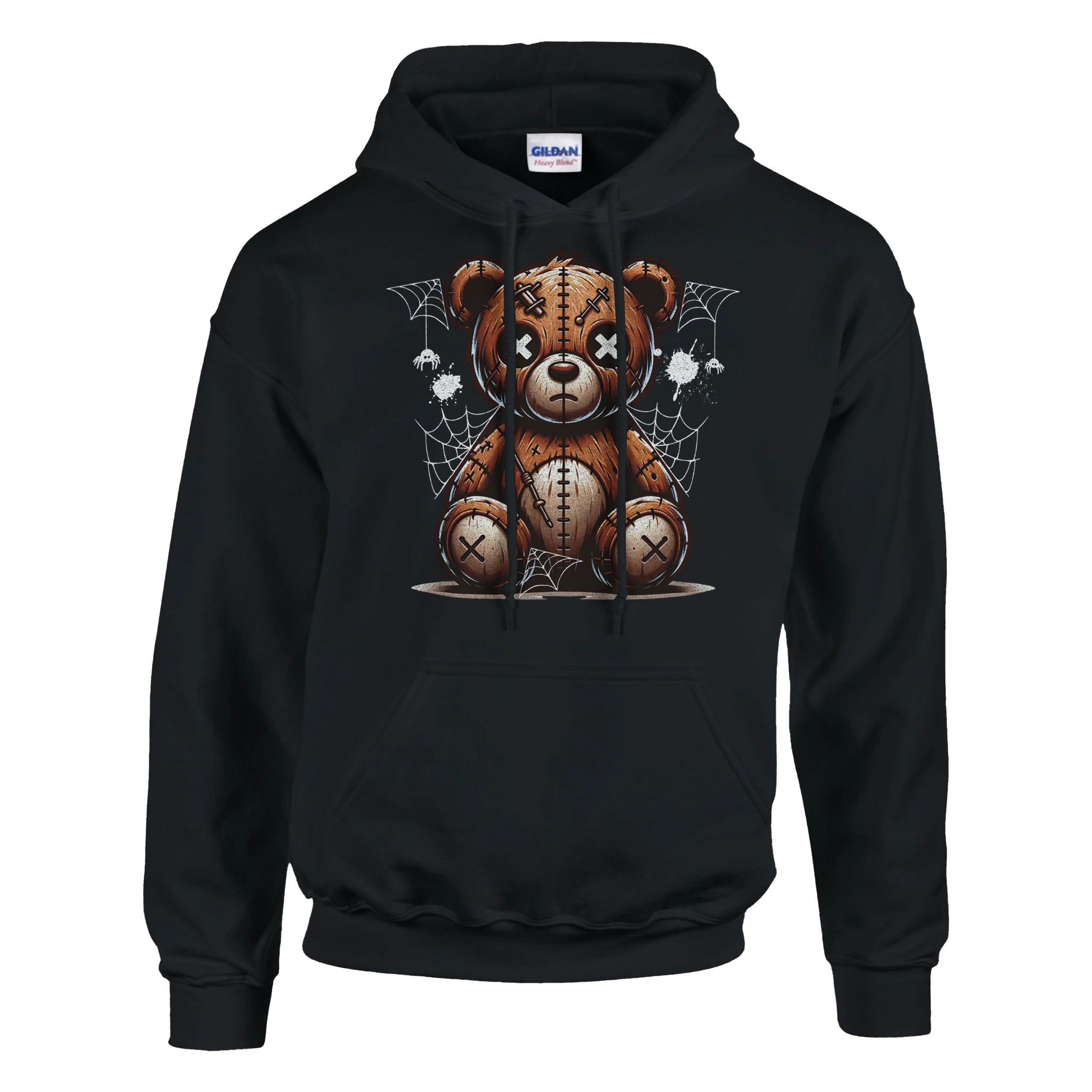 Men's Stressed Teddy Bear Hoodie in black with stitched patch bear graphic and spider webs.
