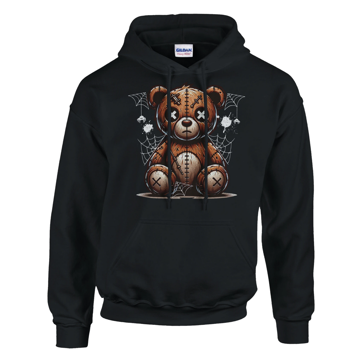 Men's Stressed Teddy Bear Hoodie in black with stitched patch bear graphic and spider webs.
