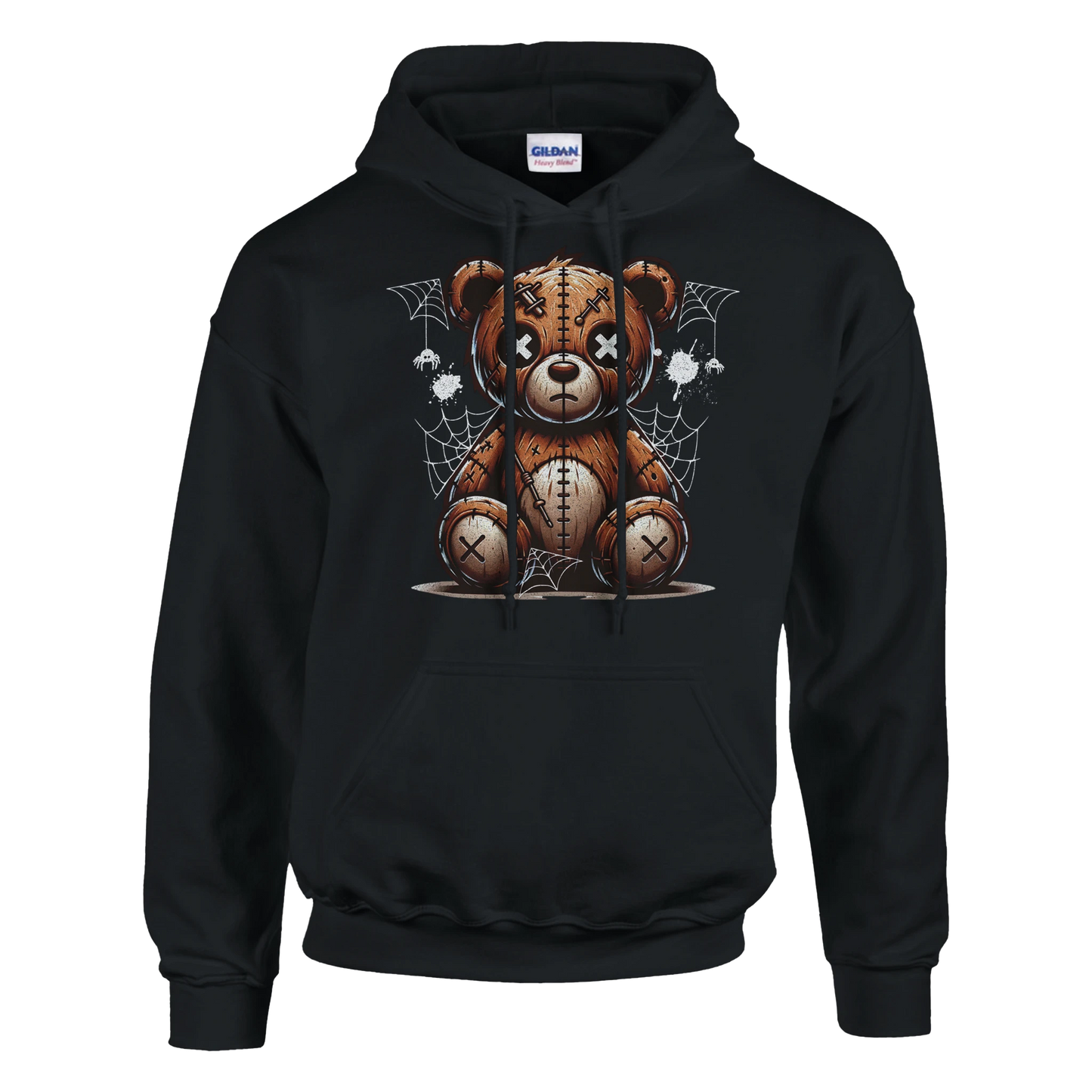 Black men's teddy bear hoodie with a on a white background. 1
