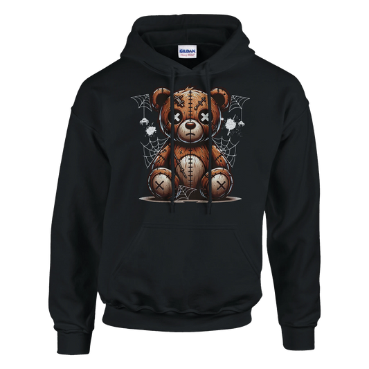 Black men's teddy bear hoodie with a on a white background. 1