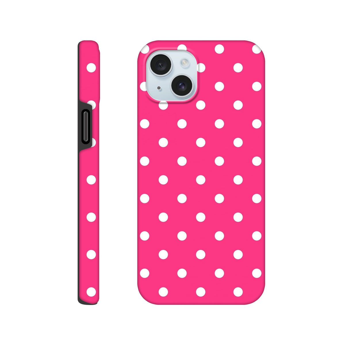 Hot pink iPhone case with white polka dots featuring a rugged dual-layer shell and shock-absorbing TPU for impact resistance.